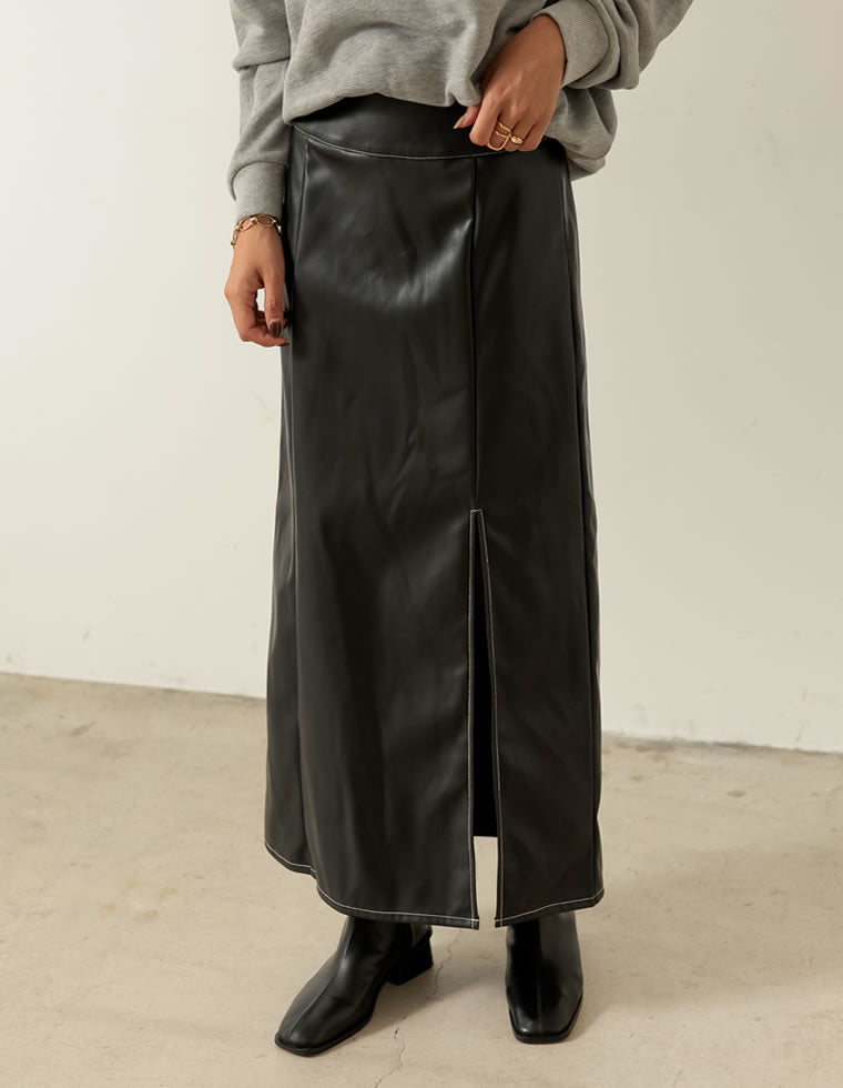[WINTER SALE]フェイクレザースリットIラインスカート - スカート