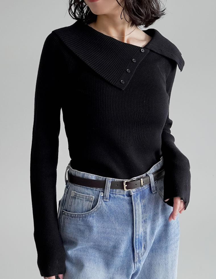 ボタン付きアシンメトリーネックトップス - トップス通販 | 人気