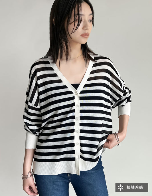 《今だけ！2BUY15%OFFクーポンで ¥3,382⇒¥2,874》【MORE SALE 15%OFF】[サステナブル][接触冷感]麻タッチシアーニットカーディガン[mb]