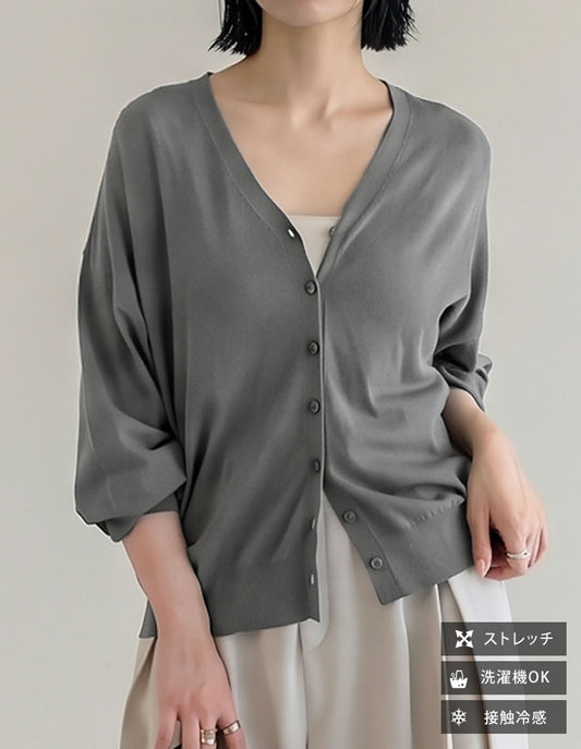 【TIME SALE 15%OFF】[接触冷感][冷房対策][オフィス][リニューアル][新色追加]Vネックスムースタッチシアーニットカーディガン[mb]