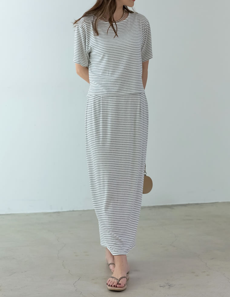 リブボーダートップス＆スカートセットアップ - セットアップ