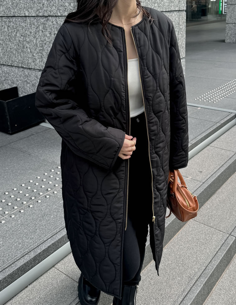 リサイクルタフタ裏ボア軽量中綿キルティングロングコート
