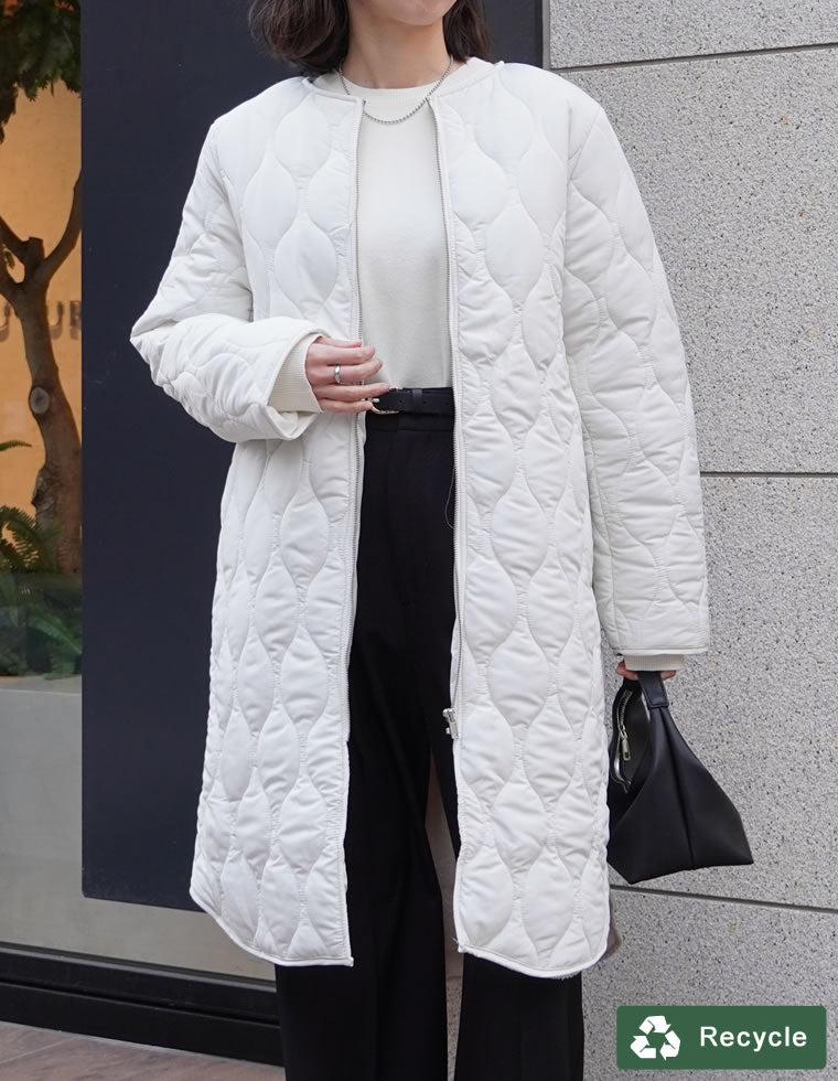 45R キルティング ロングコート　サイズ2 タグ有り 低身長 大きいサイズ有]リサイクルタフタ裏ボア軽量中綿キルティング
