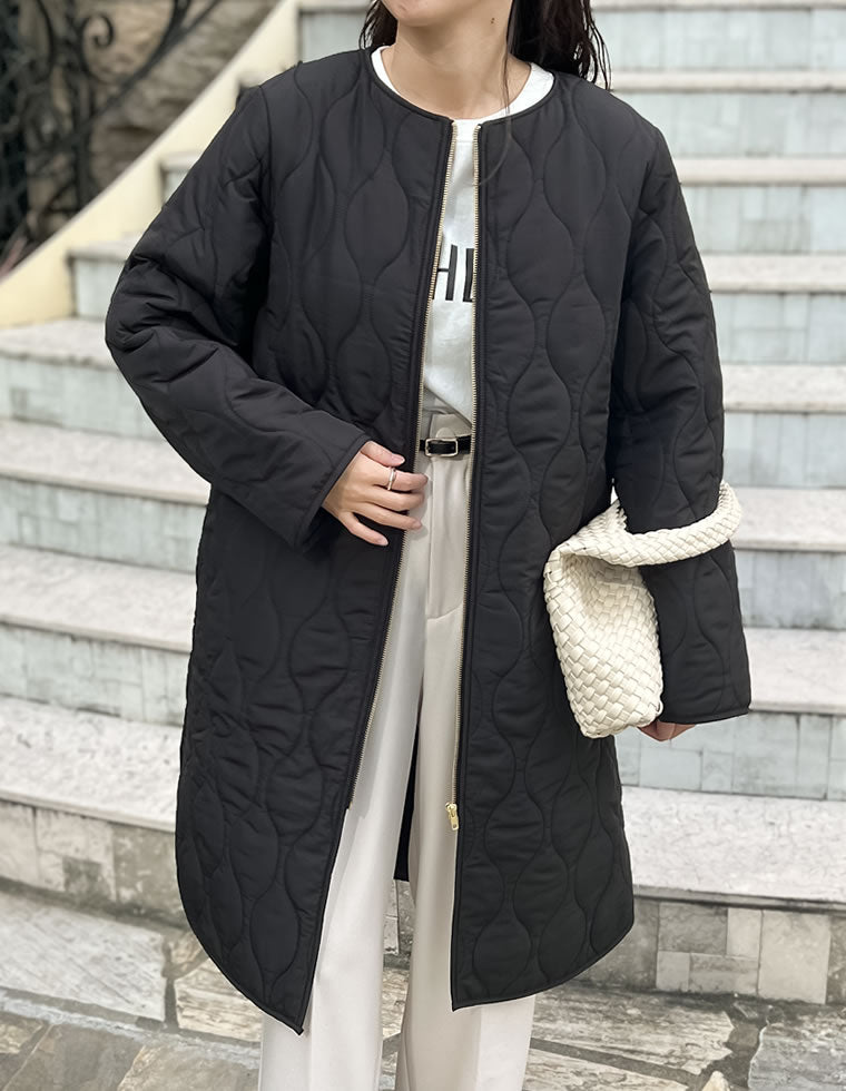 45R コート　アウター　ロング　キルティング　中綿　M 黒 リサイクルタフタ裏ボア軽量中綿キルティングロングコート