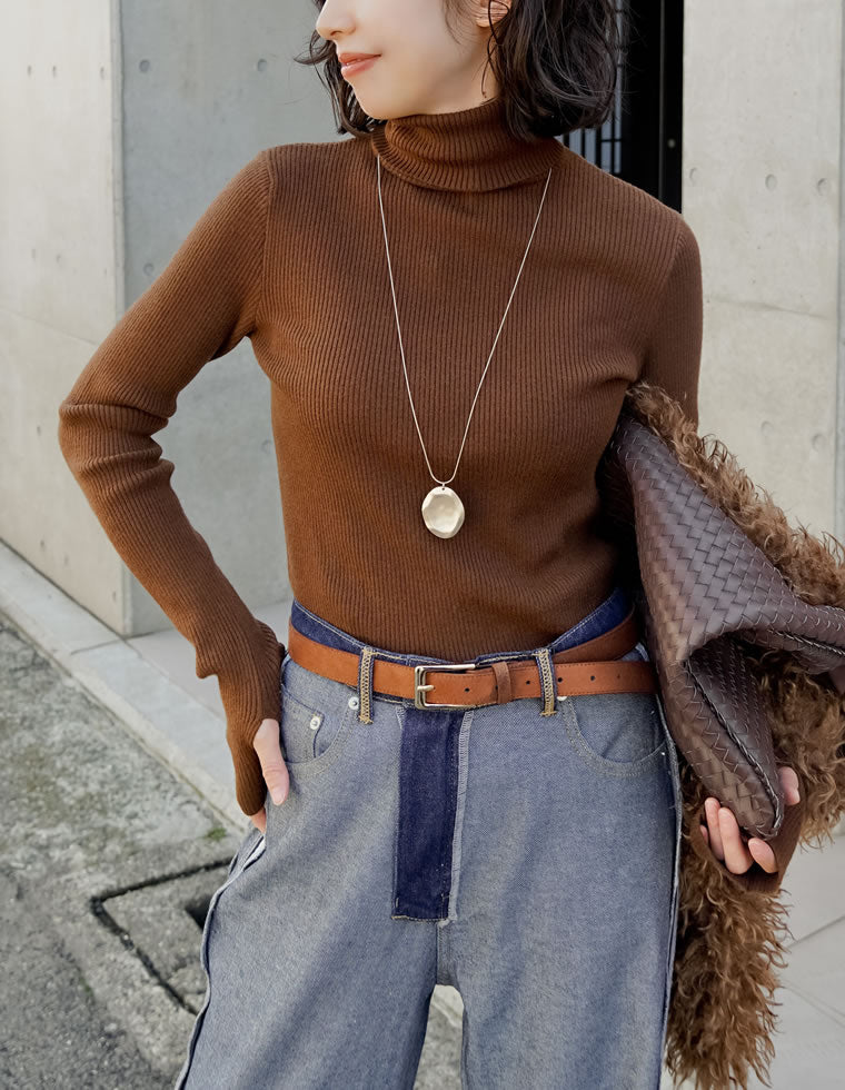 指穴リブニットタートルネックトップス - トップス通販 | 人気