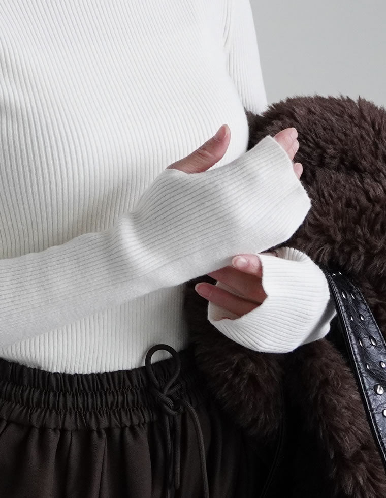 指穴リブニットタートルネックトップス - トップス通販 | 人気