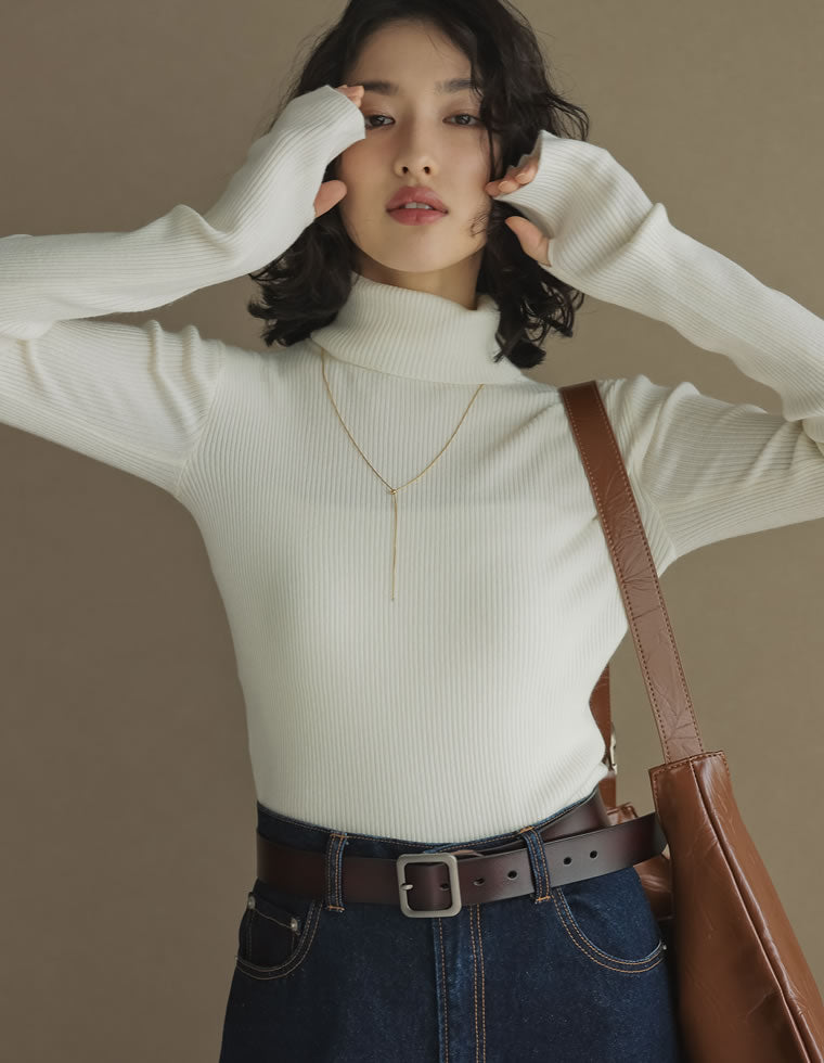 指穴リブニットタートルネックトップス - トップス通販 | 人気
