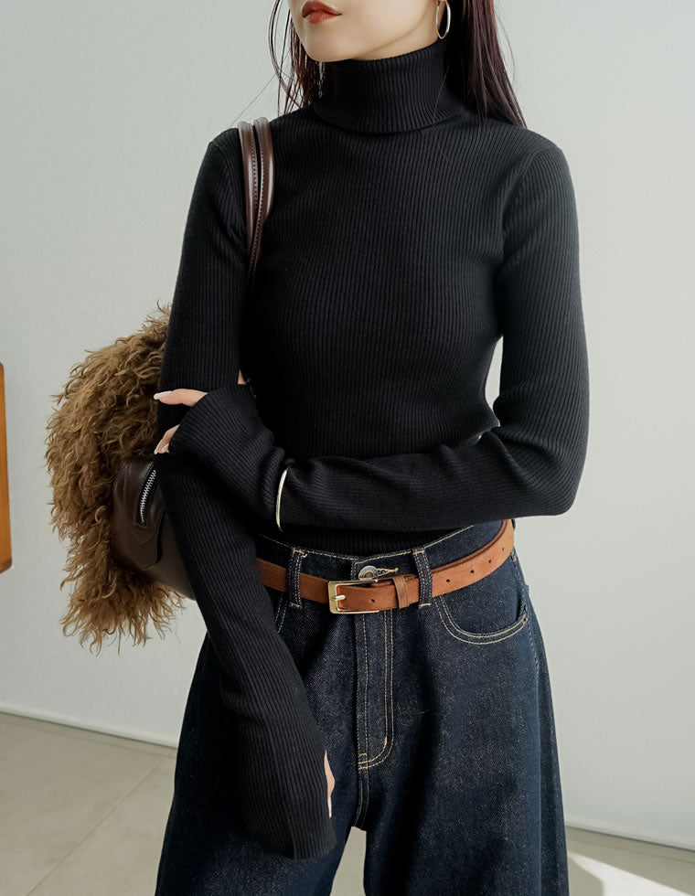 指穴リブニットタートルネックトップス - トップス通販 | 人気