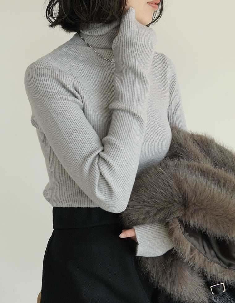 指穴リブニットタートルネックトップス - トップス通販 | 人気