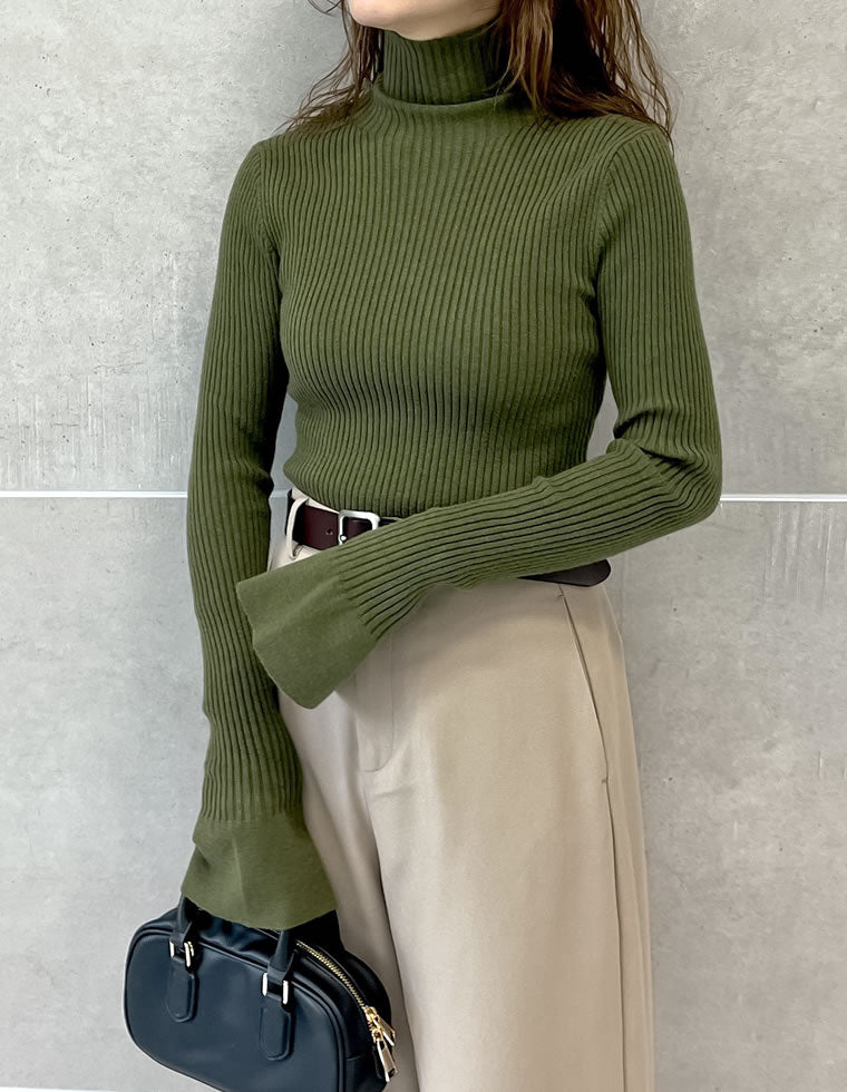 フレアスリーブハイネックリブニットトップス - トップス通販 | 人気