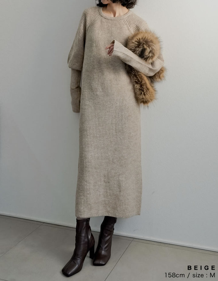 【クーポンで20%OFF￥5,998⇒￥4,798】〖クーポンコード：SH_20_2511〗[累計販売枚数1.75万枚突破！][新色追加][低身長サイズ有][サステナブル]指穴ボリュームスリーブ畦編みリブニットワンピース