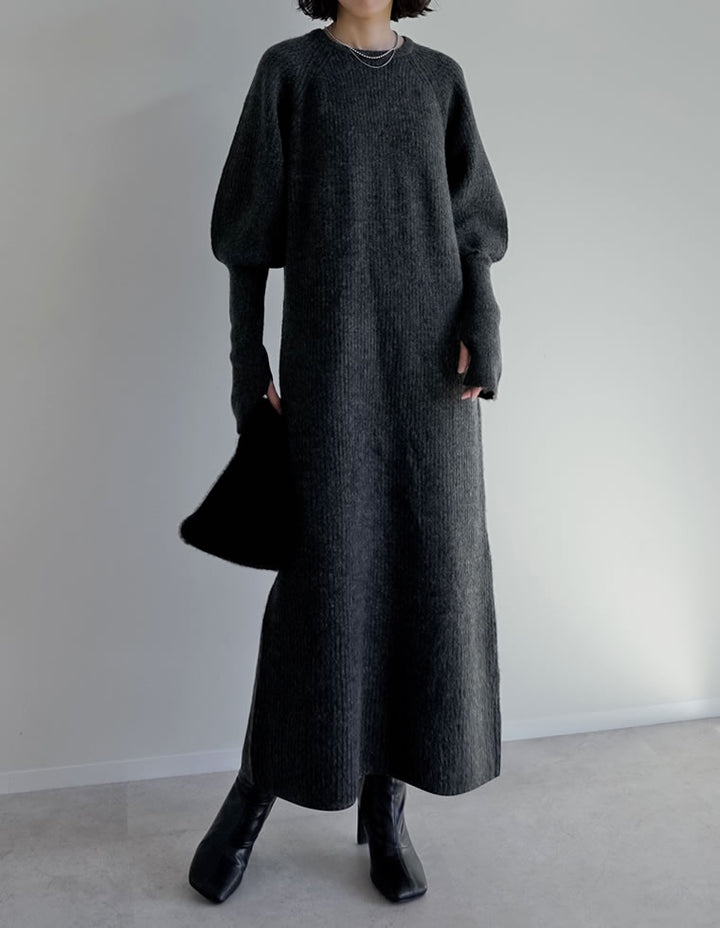 【クーポンで20%OFF￥5,998⇒￥4,798】〖クーポンコード：SH_20_2511〗[累計販売枚数1.75万枚突破！][新色追加][低身長サイズ有][サステナブル]指穴ボリュームスリーブ畦編みリブニットワンピース