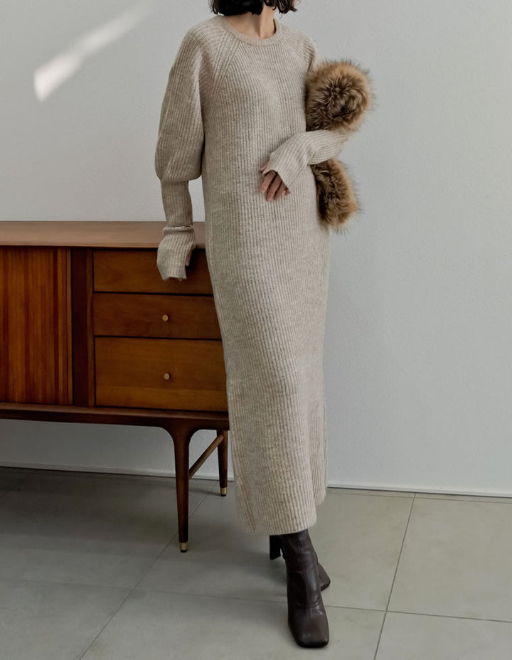 【クーポンで20%OFF￥5,998⇒￥4,798】〖クーポンコード：SH_20_2511〗[累計販売枚数1.75万枚突破！][新色追加][低身長サイズ有][サステナブル]指穴ボリュームスリーブ畦編みリブニットワンピース