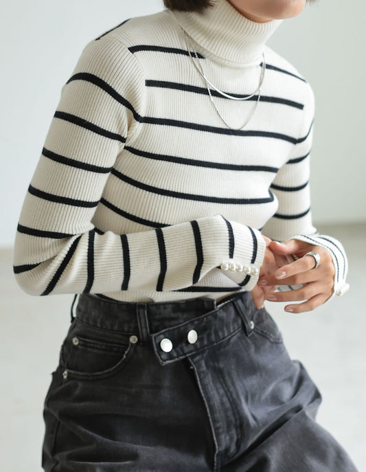 袖パール付きリブニットタートルネックトップス トップス 人気レディースファッション通販 リエディ