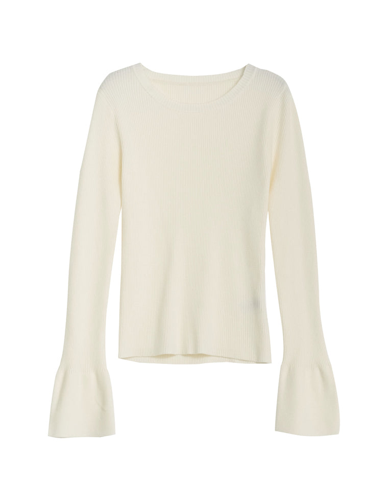 クルーネックフレアスリーブ配色リブニットトップス - トップス通販