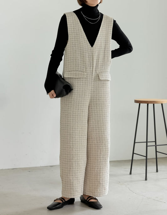 【15%OFF！TIME SALE】ツイードライクVネックオールインワン オールインワン レディースファッション通販 リエディ