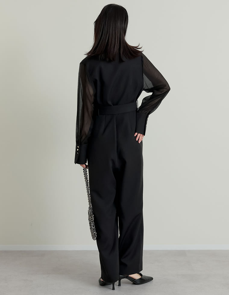 ベルト付きシアーボリュームスリーブオールインワン - オールインワン