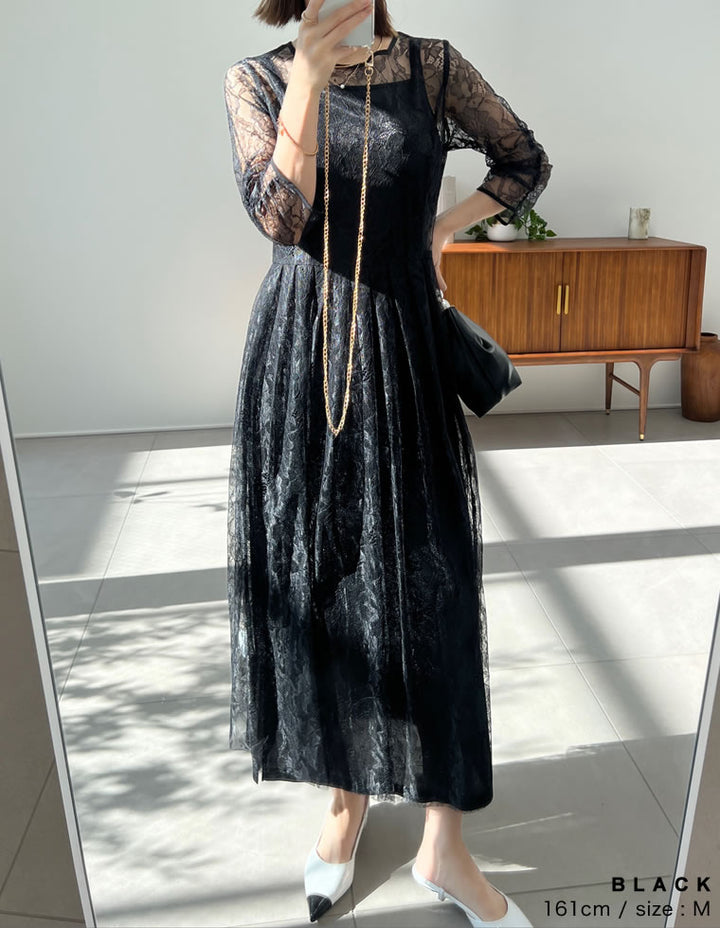 サテンインナー付きクルーネック5分袖総レースドレス ワンピース レディースファッション通販 リエディ