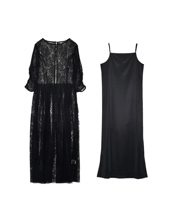 サテンインナー付きクルーネック5分袖総レースドレス ワンピース レディースファッション通販 リエディ