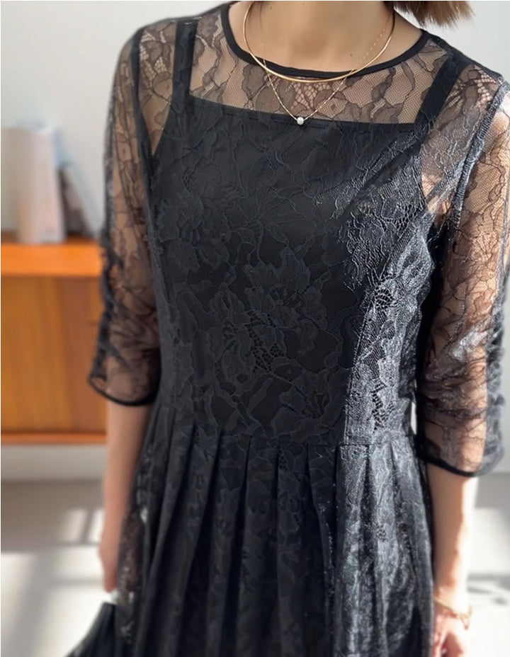 サテンインナー付きクルーネック5分袖総レースドレス ワンピース レディースファッション通販 リエディ