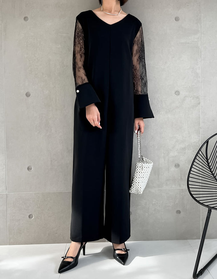 袖レース切り替えVネックオールインワン オールインワン レディースファッション通販 リエディ