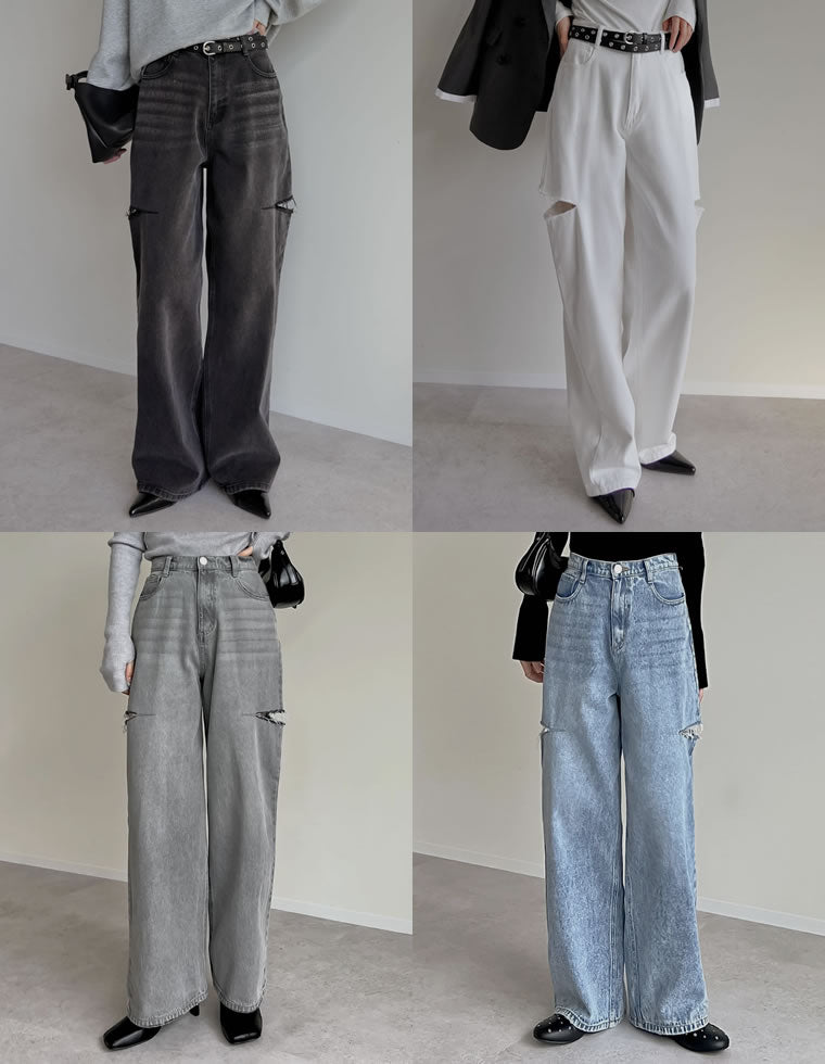 サイドスリットワイドストレートコットンデニムパンツ - パンツ通販