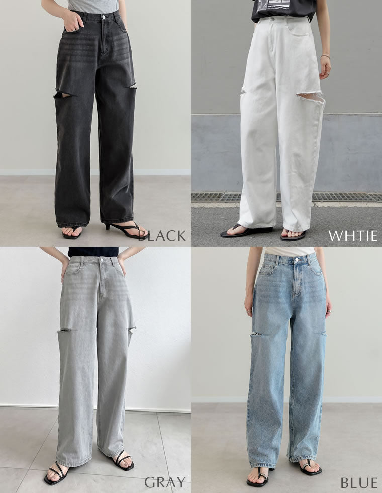 サイドスリットワイドストレートコットンデニムパンツ - パンツ通販