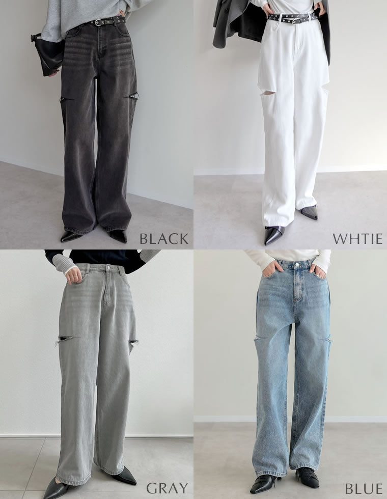 サイドスリットワイドストレートコットンデニムパンツ - パンツ通販