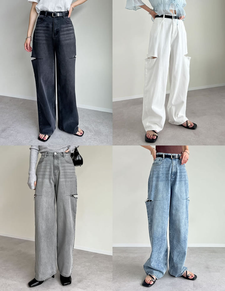 【TIME SALE 10%OFF ¥4,998⇒¥4,498】[販売枚数3万枚突破][低身長/高身長サイズ有]サイドスリットワイドストレートコットンデニムパンツ パンツ 人気レディースファッション通販 リエディ