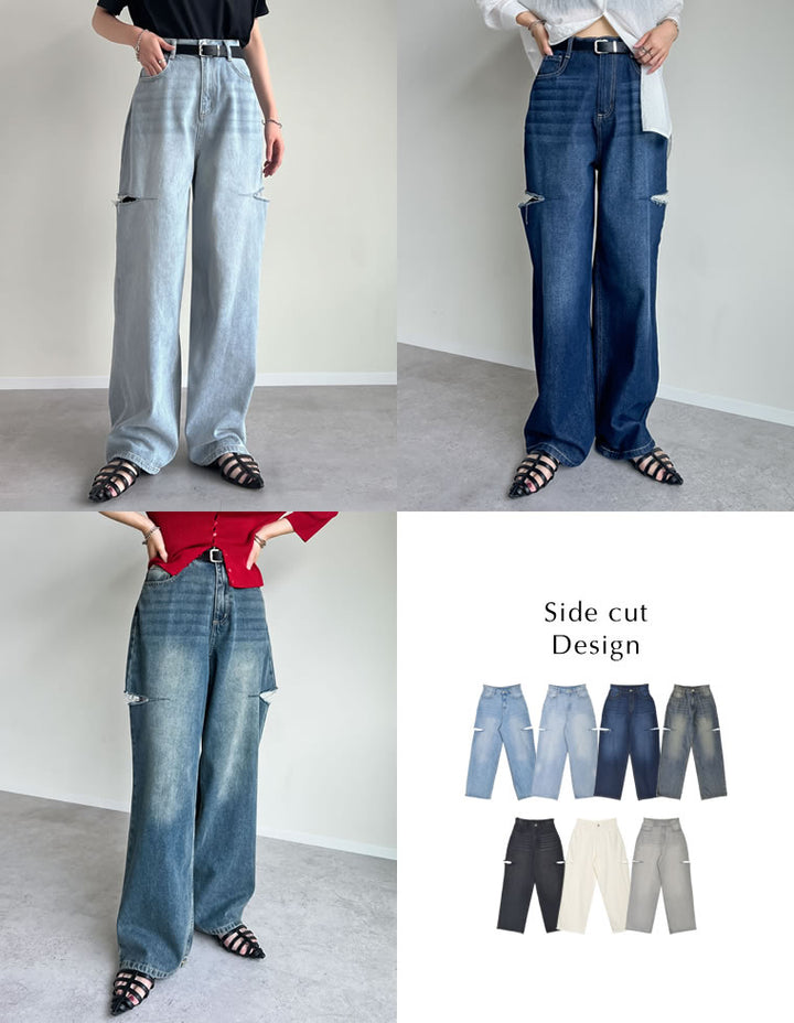 【TIME SALE 10%OFF ¥4,998⇒¥4,498】[販売枚数3万枚突破][低身長/高身長サイズ有]サイドスリットワイドストレートコットンデニムパンツ パンツ 人気レディースファッション通販 リエディ