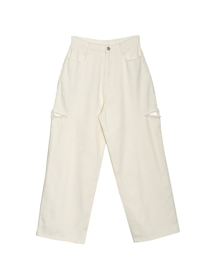 サイドスリットワイドストレートコットンデニムパンツ - パンツ