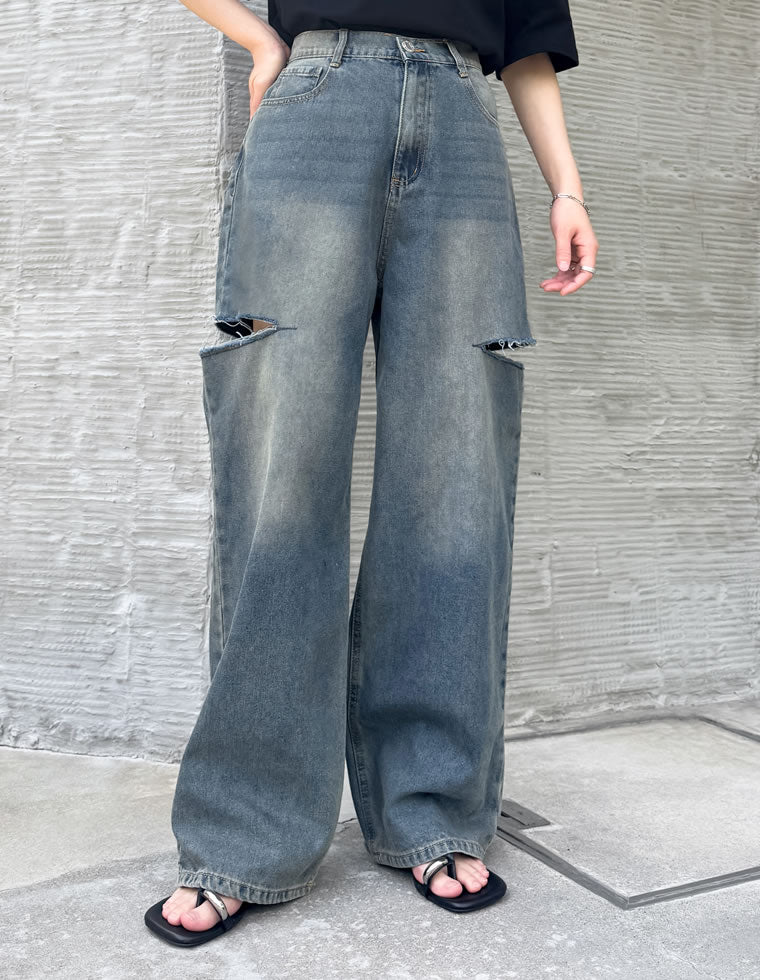 サイドスリットワイドストレートコットンデニムパンツ - パンツ通販 サイドスリットワイドストレートコットンデニムパンツ - パンツ通販