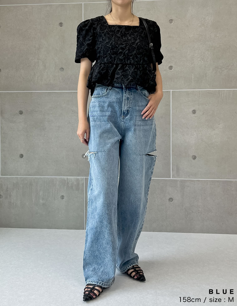 サイドスリットワイドストレートコットンデニムパンツ - パンツ通販