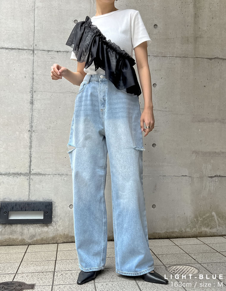 今季新作　超美品　38サイズ　2.6万 サイドスリットワイドストレートコットンデニムパンツ - パンツ