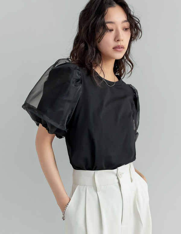 《期間限定！2BUY15%OFFクーポン対象》オーガンジースリーブ半袖トップス[mb]