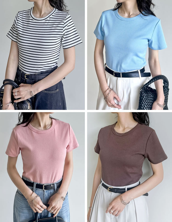 【TIME SALE 10%OFF ¥2,299⇒¥2,069】[累計販売枚数1.5万枚突破][華奢見えリブTシャツ]テレコリブクルーネック半袖Tシャツ[mb] トップス 人気レディースファッション通販 リエディ