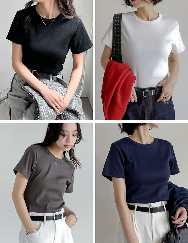 【TIME SALE 10%OFF ¥2,299⇒¥2,069】[累計販売枚数1.5万枚突破][華奢見えリブTシャツ]テレコリブクルーネック半袖Tシャツ[mb] トップス 人気レディースファッション通販 リエディ