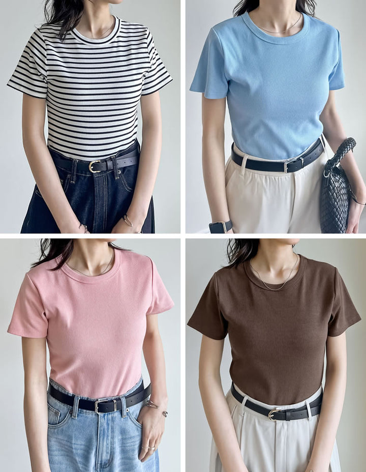 【TIME SALE 10%OFF ¥2,299⇒¥2,069】[累計販売枚数1.5万枚突破][華奢見えリブTシャツ]テレコリブクルーネック半袖Tシャツ[mb] トップス 人気レディースファッション通販 リエディ