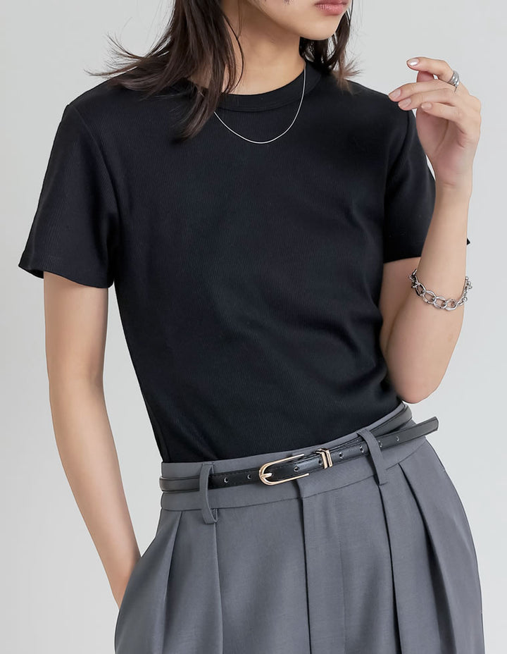 【TIME SALE 10%OFF ¥2,299⇒¥2,069】[累計販売枚数1.5万枚突破][華奢見えリブTシャツ]テレコリブクルーネック半袖Tシャツ[mb] トップス 人気レディースファッション通販 リエディ