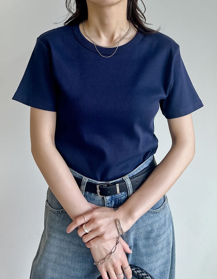 【TIME SALE 10%OFF ¥2,299⇒¥2,069】[累計販売枚数1.5万枚突破][華奢見えリブTシャツ]テレコリブクルーネック半袖Tシャツ[mb] トップス 人気レディースファッション通販 リエディ