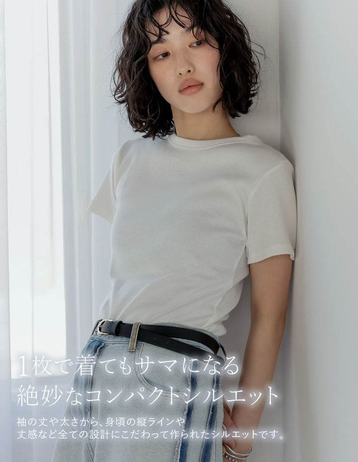 【TIME SALE 10%OFF ¥2,299⇒¥2,069】[累計販売枚数1.5万枚突破][華奢見えリブTシャツ]テレコリブクルーネック半袖Tシャツ[mb] トップス 人気レディースファッション通販 リエディ