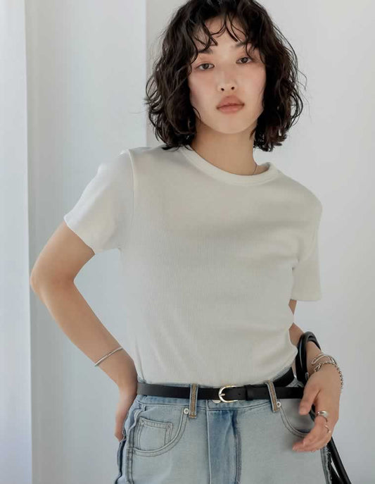 【クーポンで20%OFF￥2,999⇒￥2,398 クーポンコード：SH_20_2603】[新色追加][累計販売枚数2.1万枚突破][華奢見えリブTシャツ]テレコリブクルーネック半袖Tシャツ[mb]