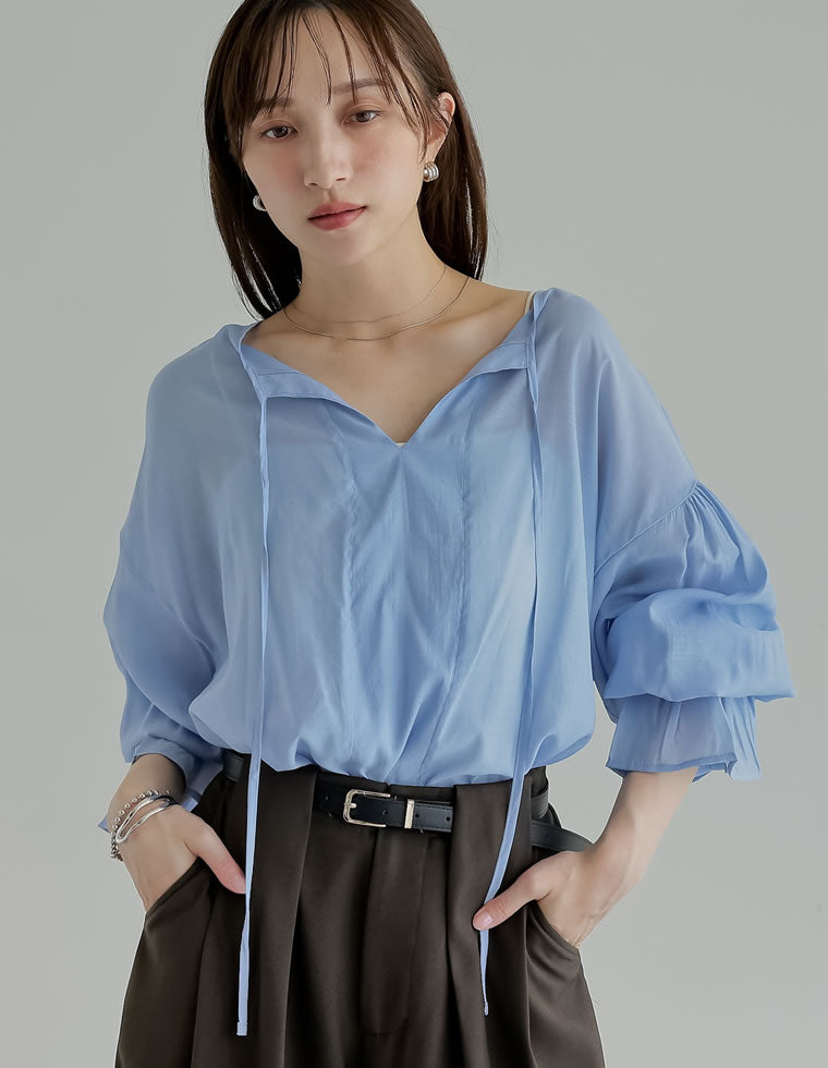 レース/シアー/フロッキードットカフタンシアーブラウス - トップス