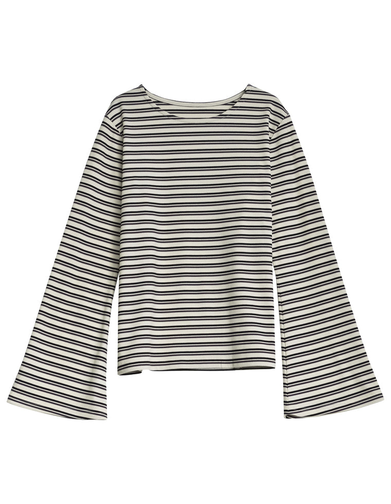 クルーネックフレアスリーブリブカットソートップス - トップス