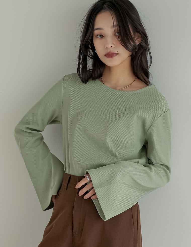 【TIME SALE 10%OFF】[新色追加][累計販売枚数2.2万枚突破]クルーネックフレアスリーブリブカットソートップス[mb]