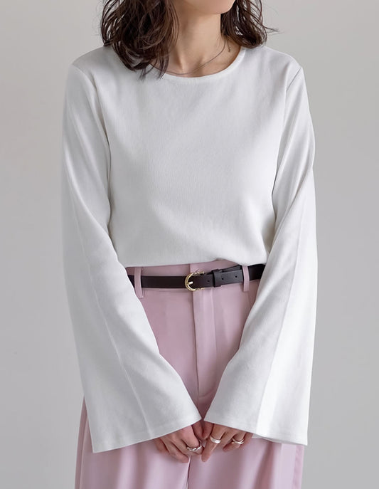 【TIME SALE 20%OFF】[新色追加][累計販売枚数2.1万枚突破]クルーネックフレアスリーブリブカットソートップス[mb]