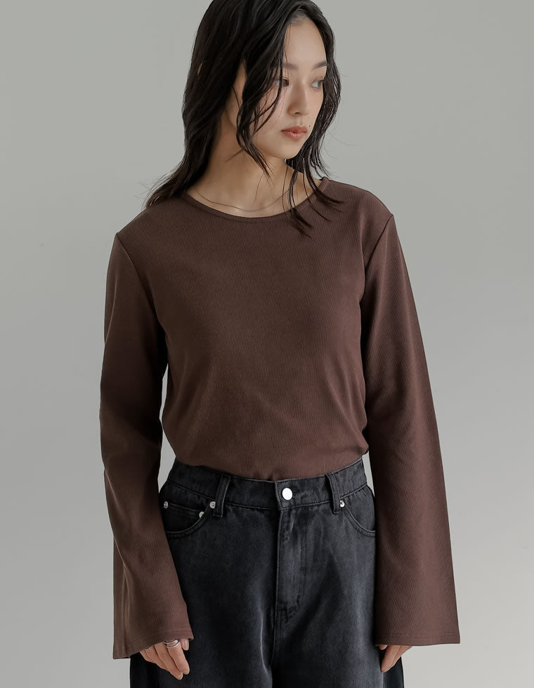 クルーネックフレアスリーブリブカットソートップス - トップス通販