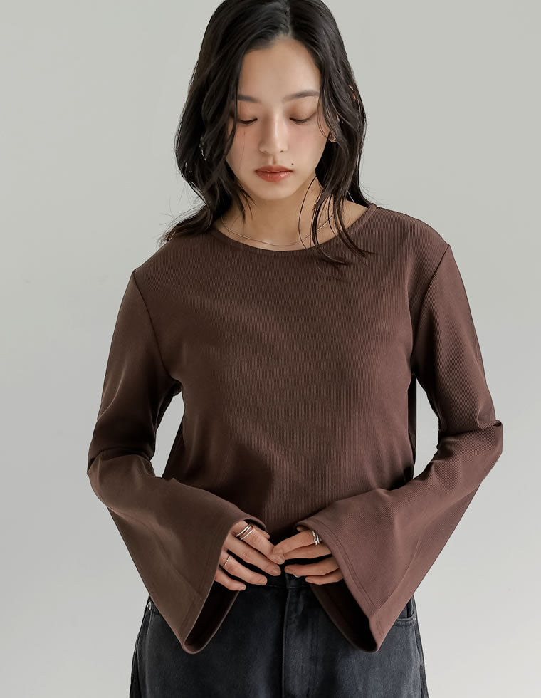 クルーネックフレアスリーブリブカットソートップス - トップス通販
