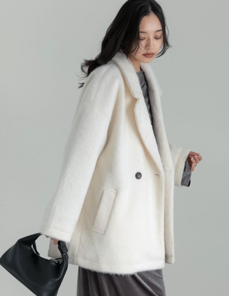 フェイクウールシャギーダブルテーラードジャケット - ジャケット