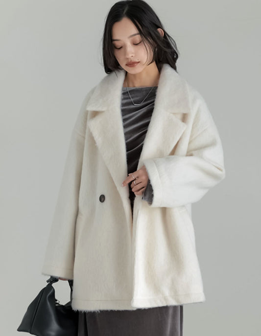 【TIME SALE 10%OFF】[低身長サイズ有]フェイクウールシャギーダブルテーラードジャケット